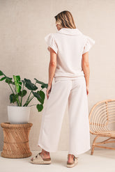Apricot Textured Ruffle Sleeve Zipped Top and Wide Leg Pants Set